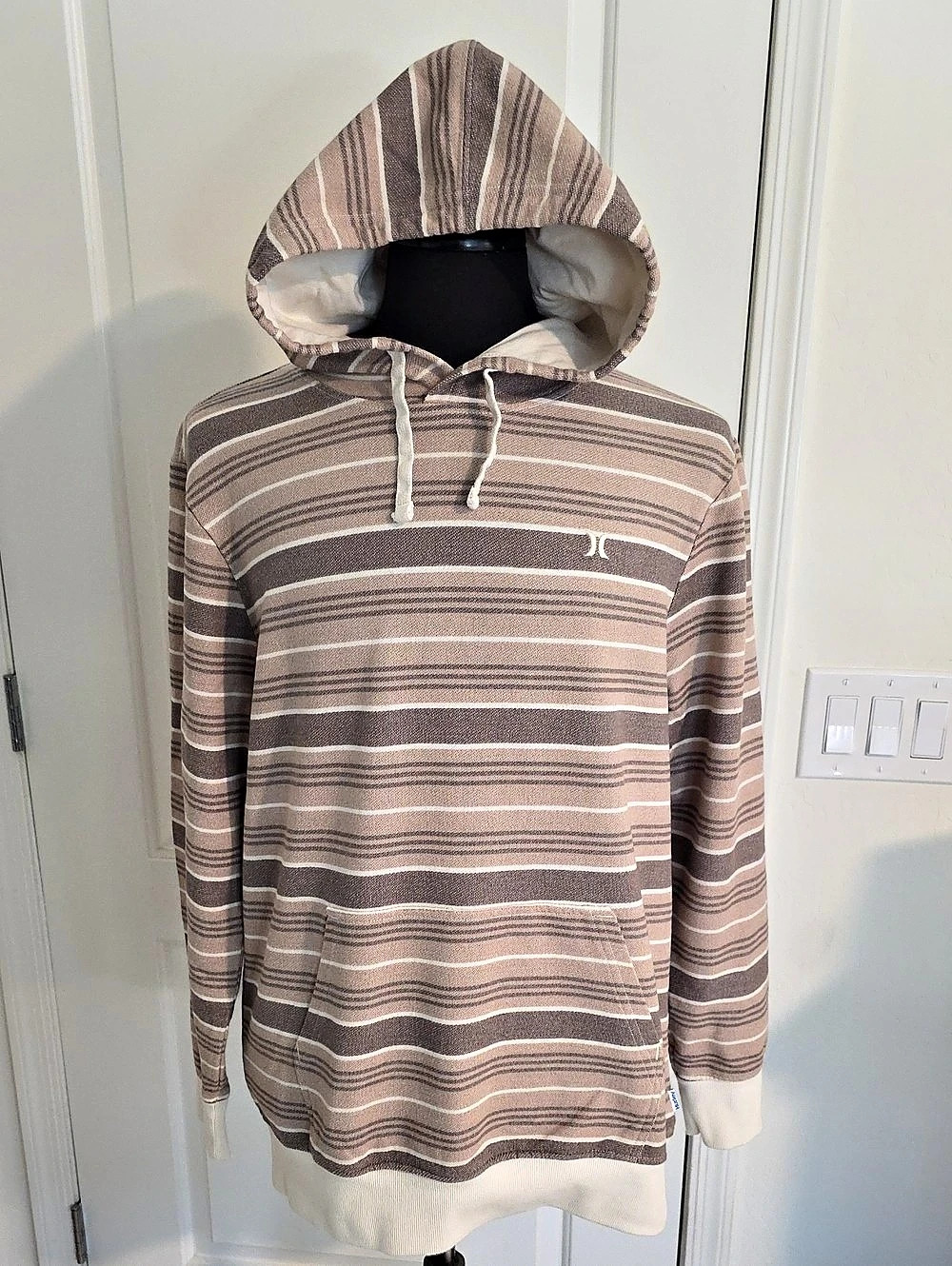 Hurley Striped Lightweight Terry Pullover Hoodie Brown & Beige Large